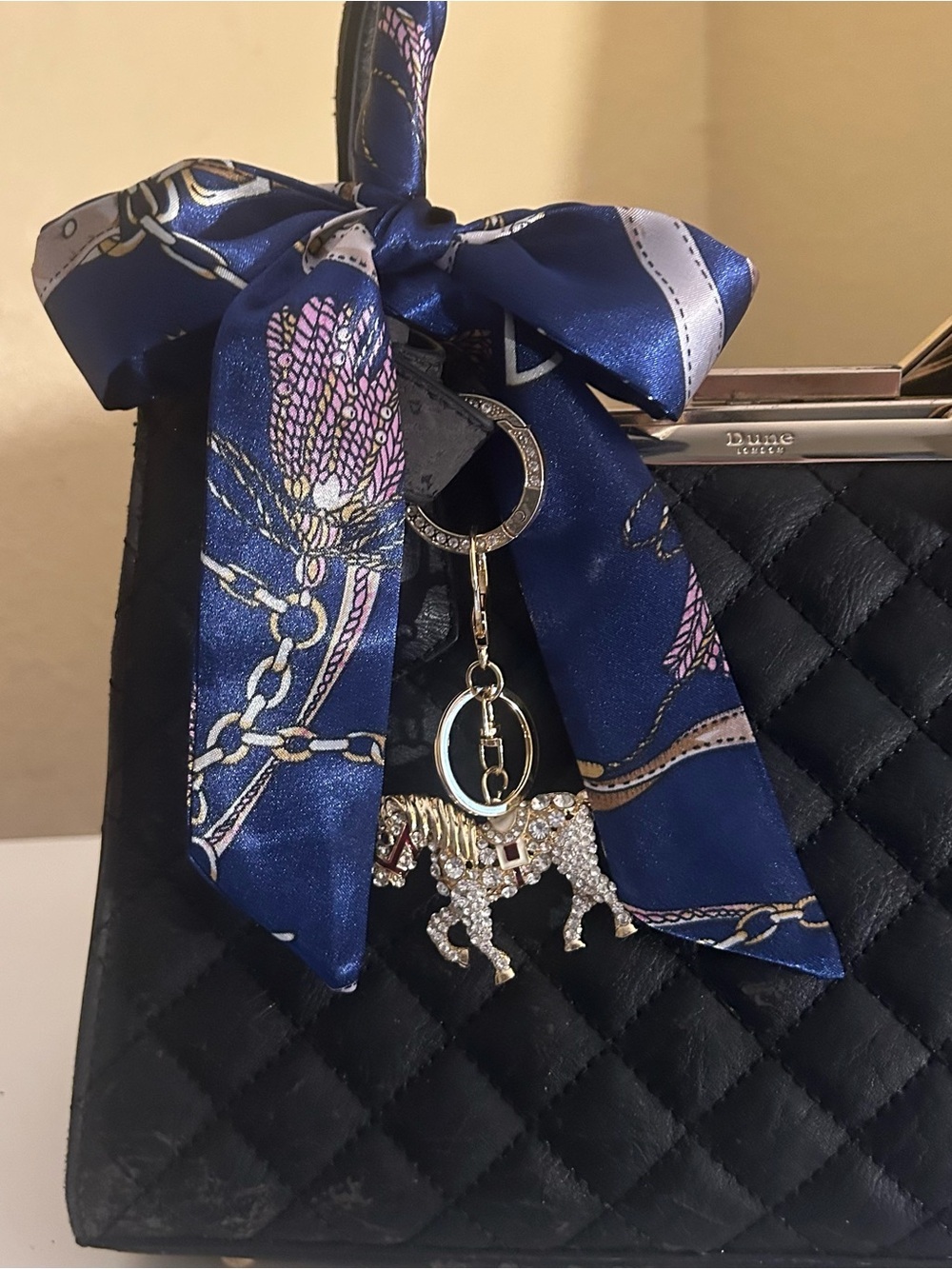 Twilly Silk Handbag Headband Neck Tie Scarf. Blue Navy Gold Good pair w/ Dior